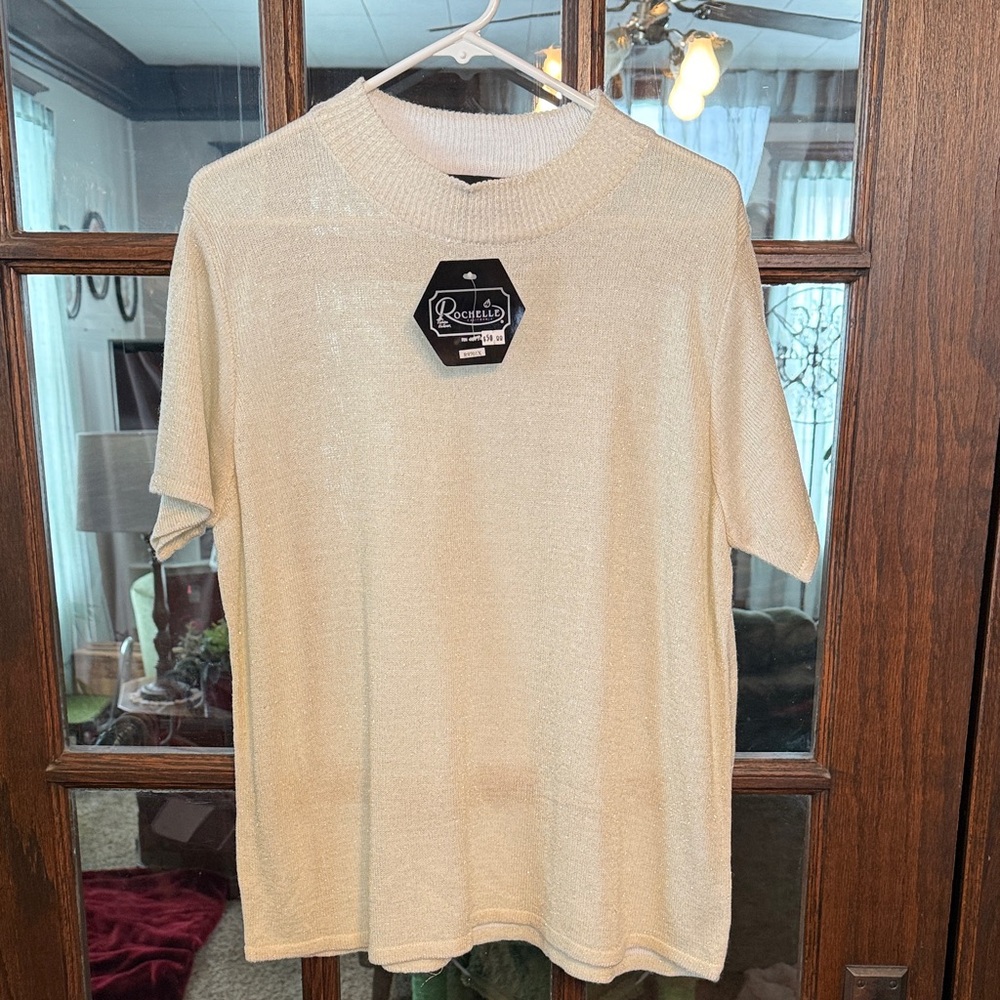 Rochelle California Womens 2X Gold Metallic Lurex Knit‎ Mock Neck Top R9701X NWT